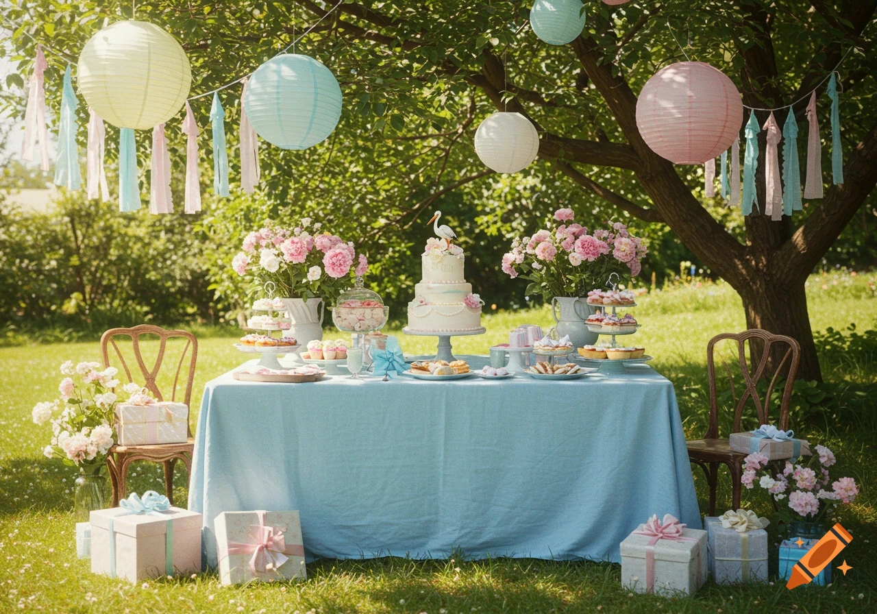 A photorealistic outdoor baby shower scene under a tree with a blue table, cake, pink flowers, pastel lanterns, and gifts.
