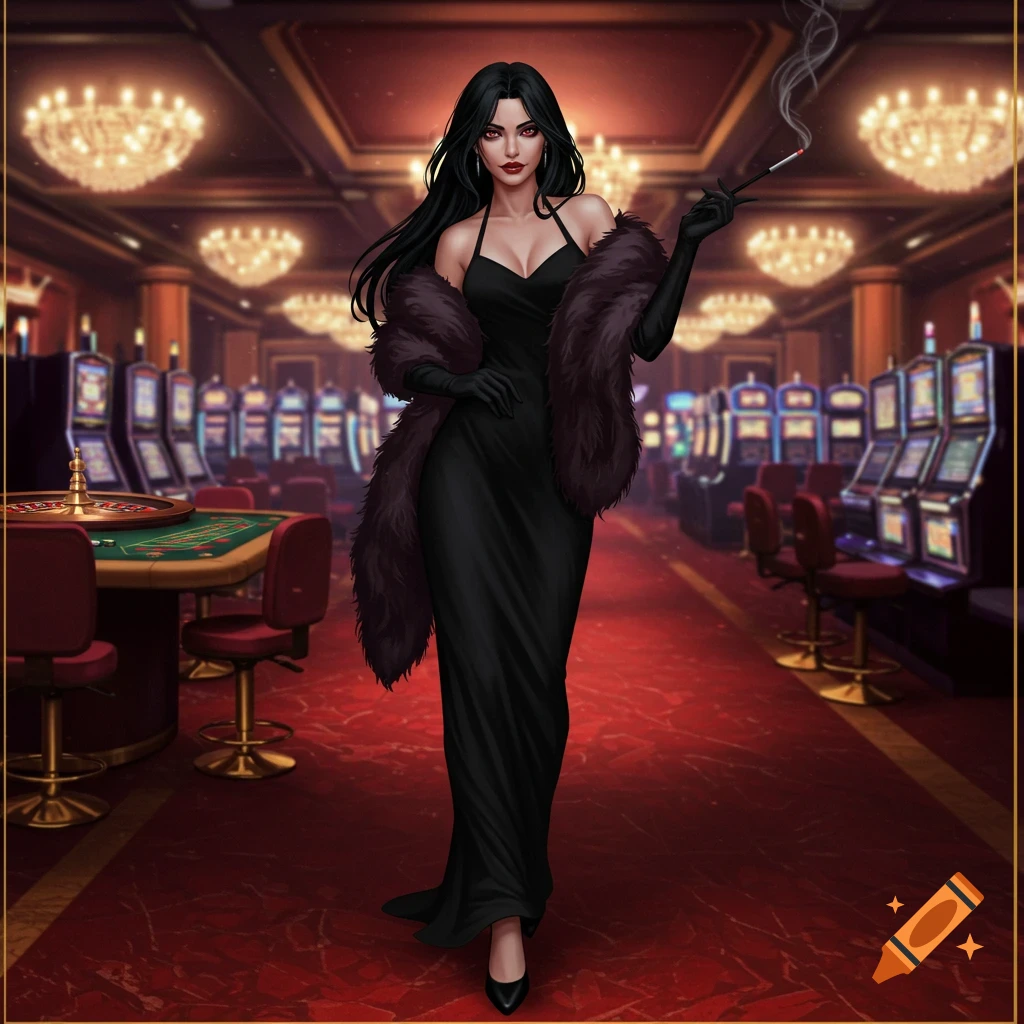 A stylish woman with long black hair and red eyes, wearing a black dress and fur scarf, walks through a lavish casino while smoking.