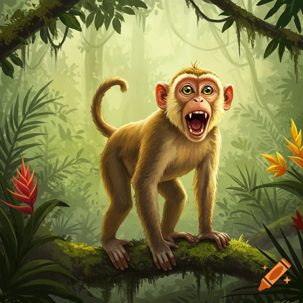 A light brown monkey with wide eyes and an open mouth stands on a mossy branch in a lush green jungle.