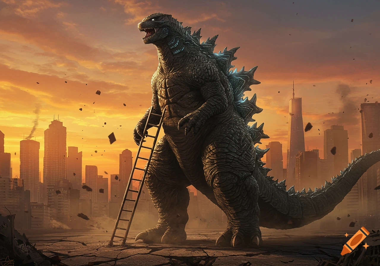 Godzilla, a giant monster, holds a ladder in a destroyed city under an orange sky, detailed illustration.