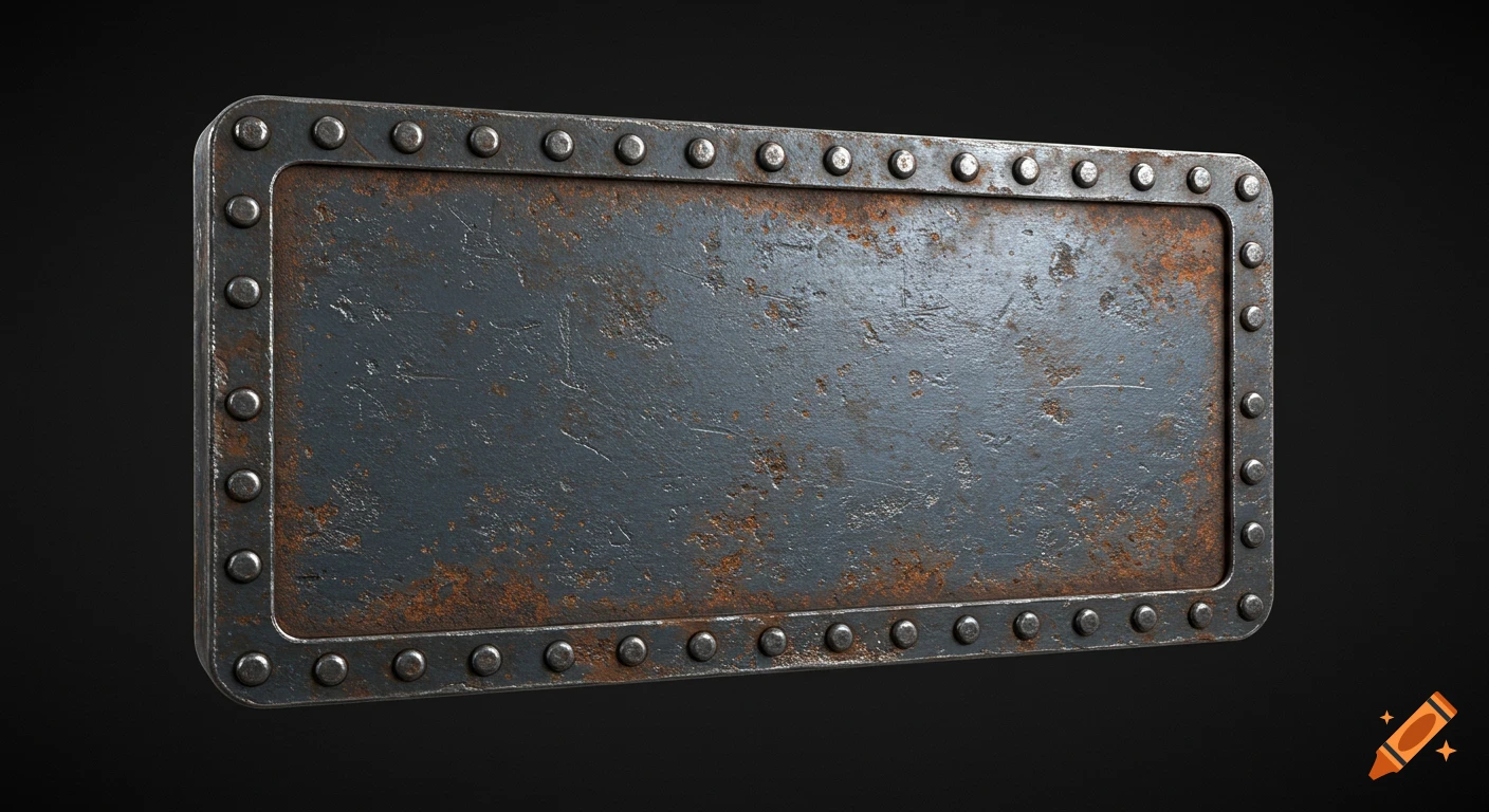 A weathered, dark grey steel rectangular plate with a border of rusted rivets, set against a dark background.