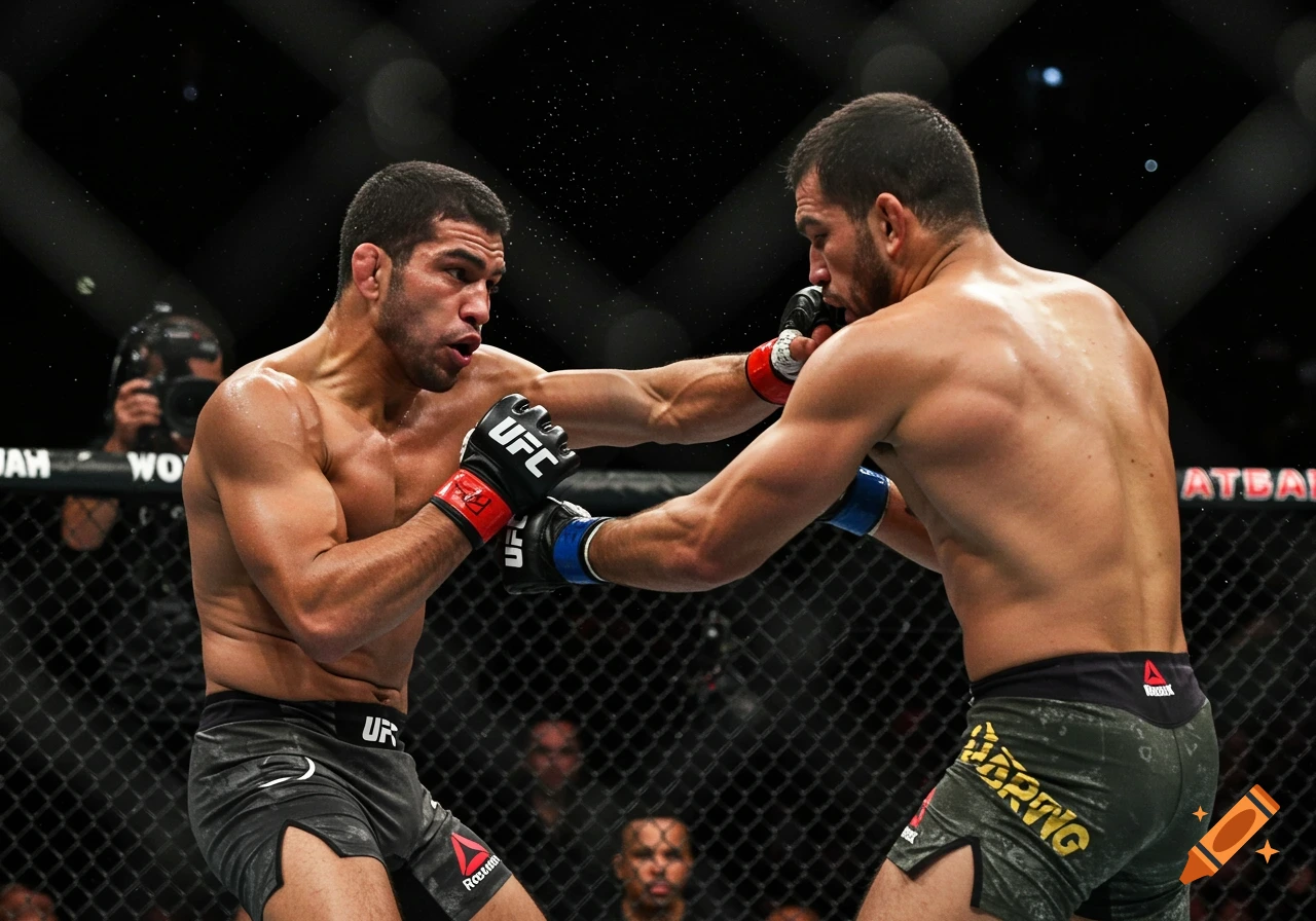 Two male MMA fighters punch each other in a UFC octagon.