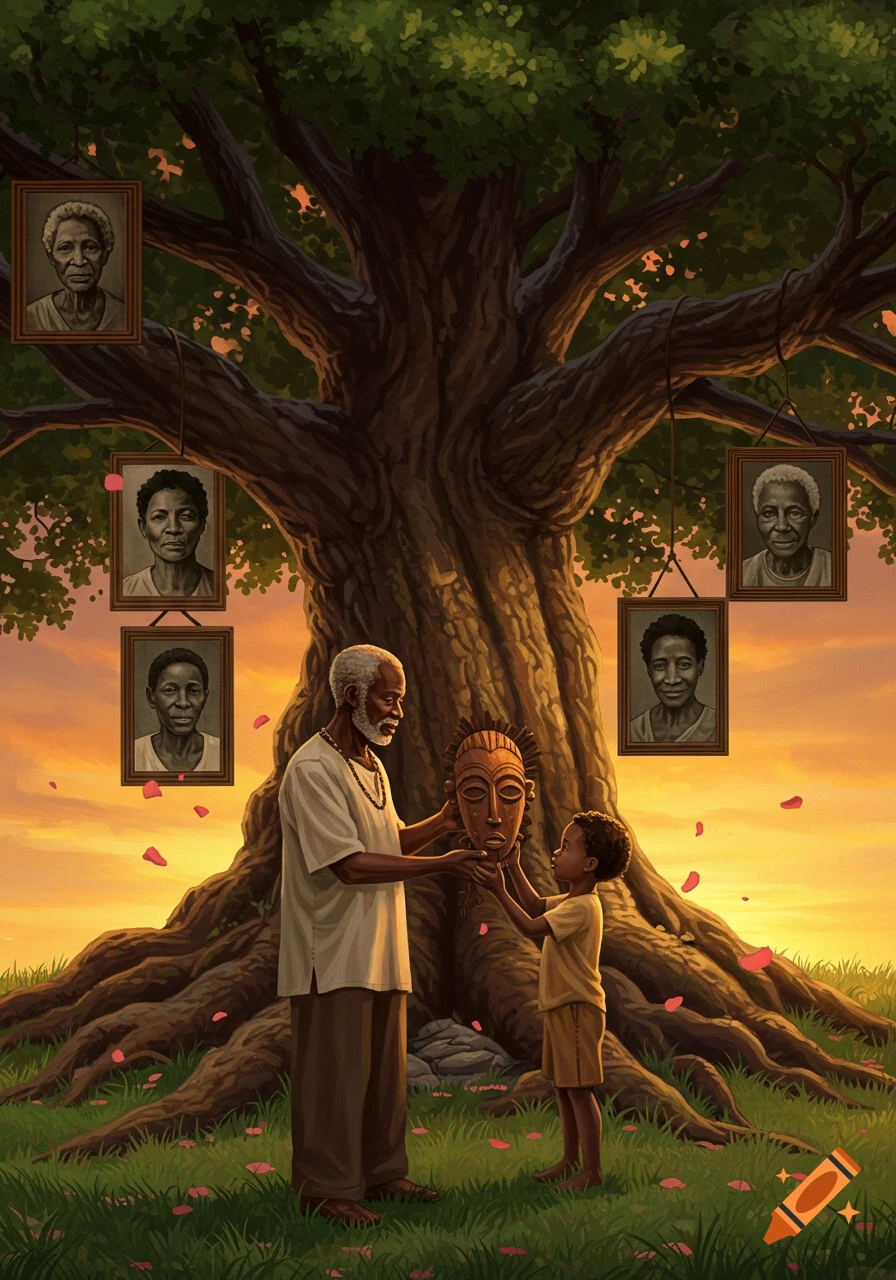 An older man passes an African mask to a young boy under a large tree with hanging portraits of ancestors, at sunset.