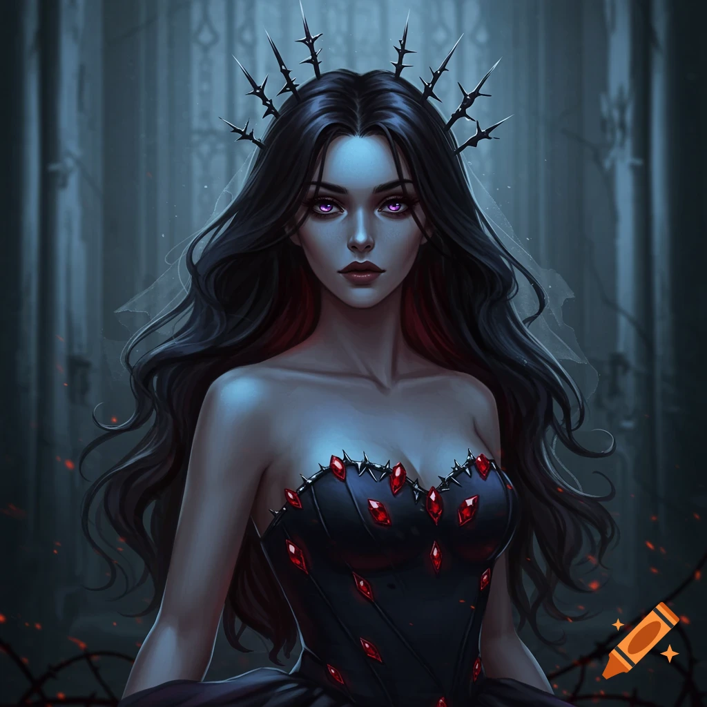 A dark fantasy portrait of a woman with long black hair, glowing violet eyes, wearing a black strapless gown with red glowing gems, and a spiked crown.