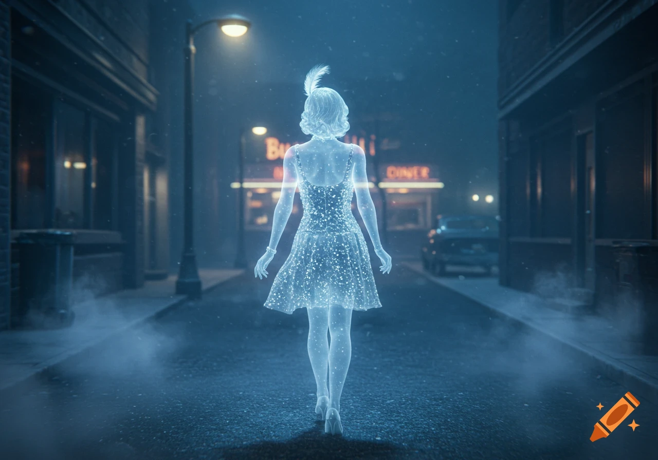 A glowing, ethereal female ghost in a vintage dress walks away down a dark, misty city street at night, past a diner sign.