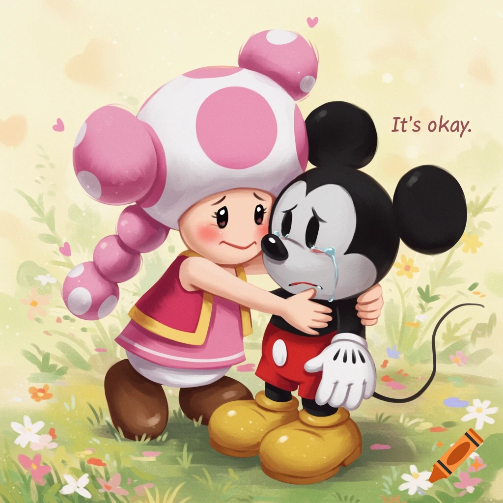 Toadette comforts a crying Mickey Mouse with a hug, saying "It's okay," in a soft cartoon-style illustration.