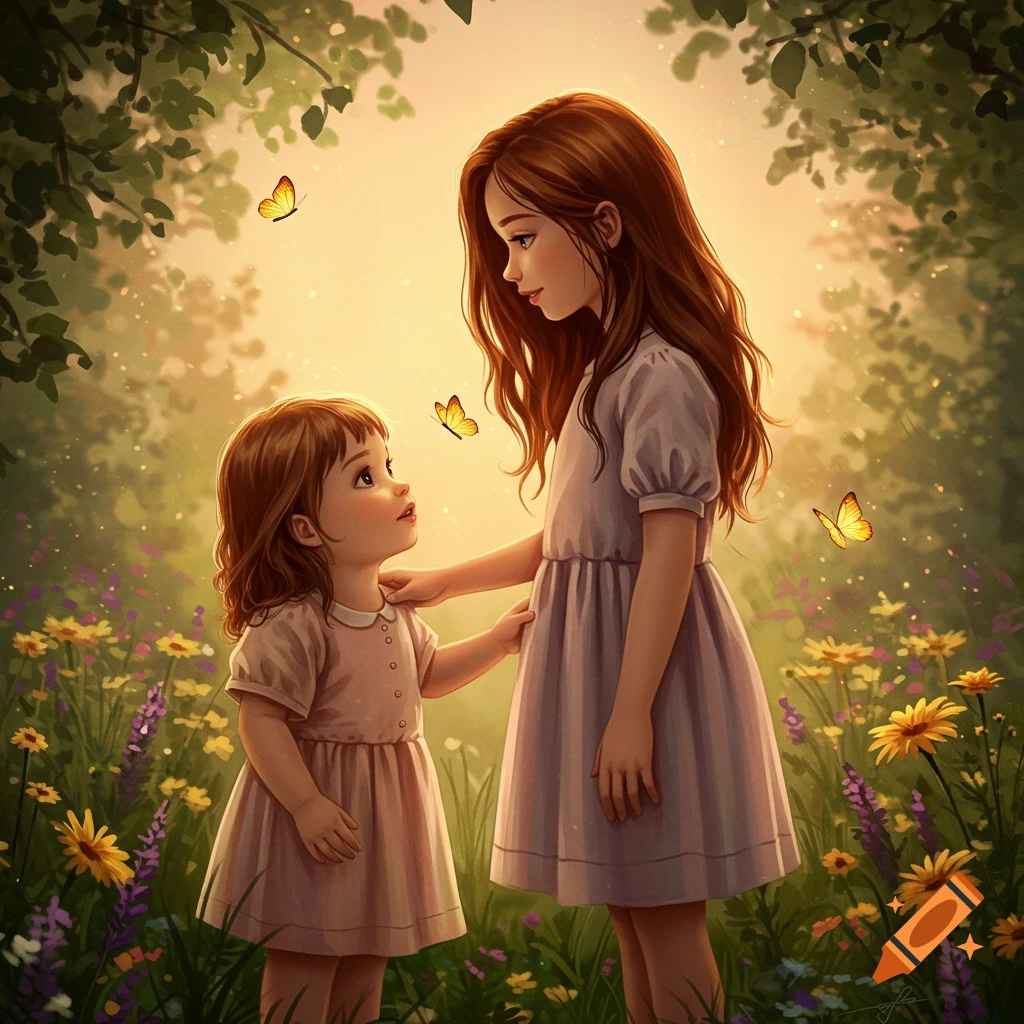 Two young girls, possibly sisters, stand in a sunlit meadow among wildflowers with butterflies, in a whimsical illustration style.