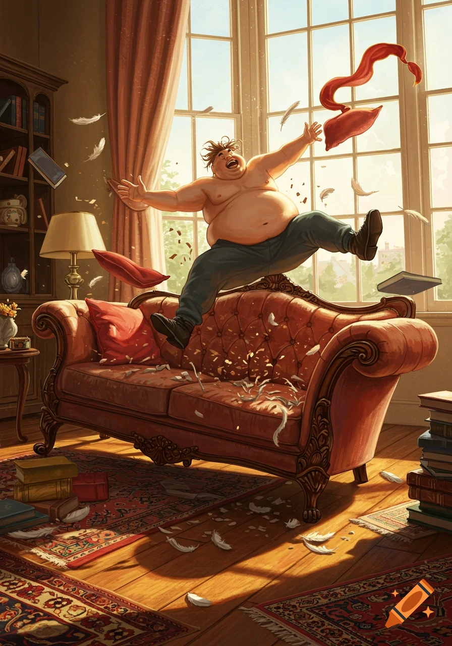 A portly man with a bare torso is joyfully bouncing on an ornate red sofa, causing feathers and stuffing to fly in a sunlit living room.