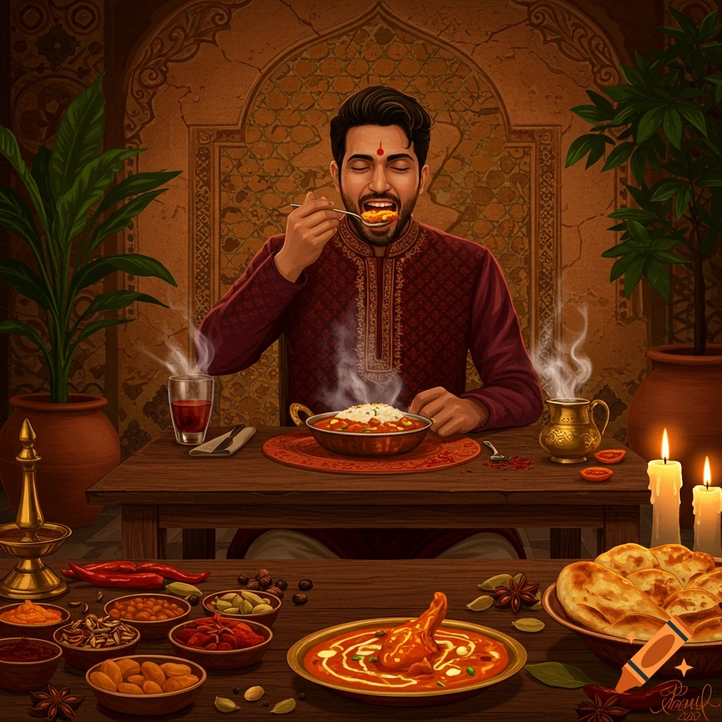 Man in Indian attire happily eating curry at a table laden with various Indian dishes, spices, and naan in a decorative room.