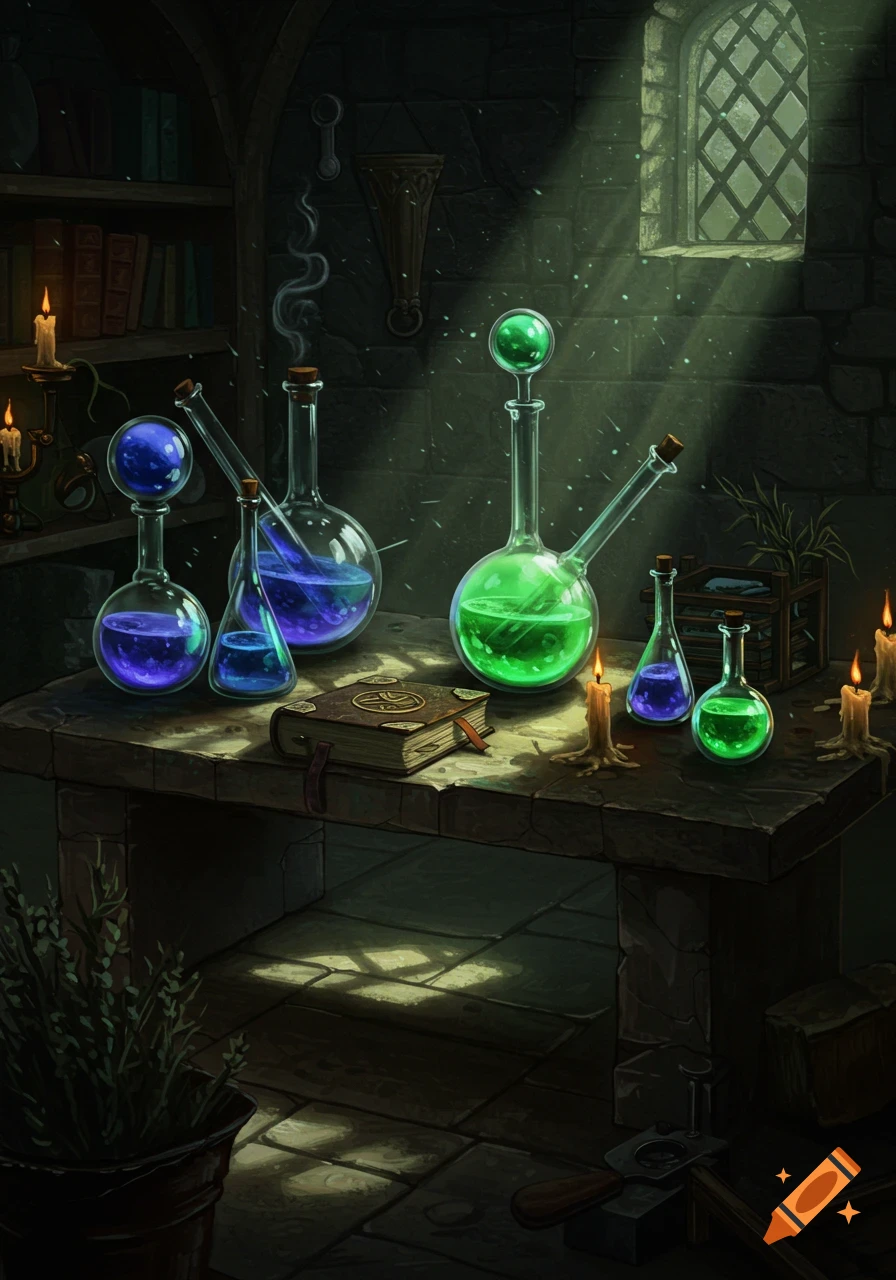 A dimly lit alchemist's workshop with glowing blue and green potions in various glass beakers and flasks on a stone table, illuminated by sunlight from a window and candles.