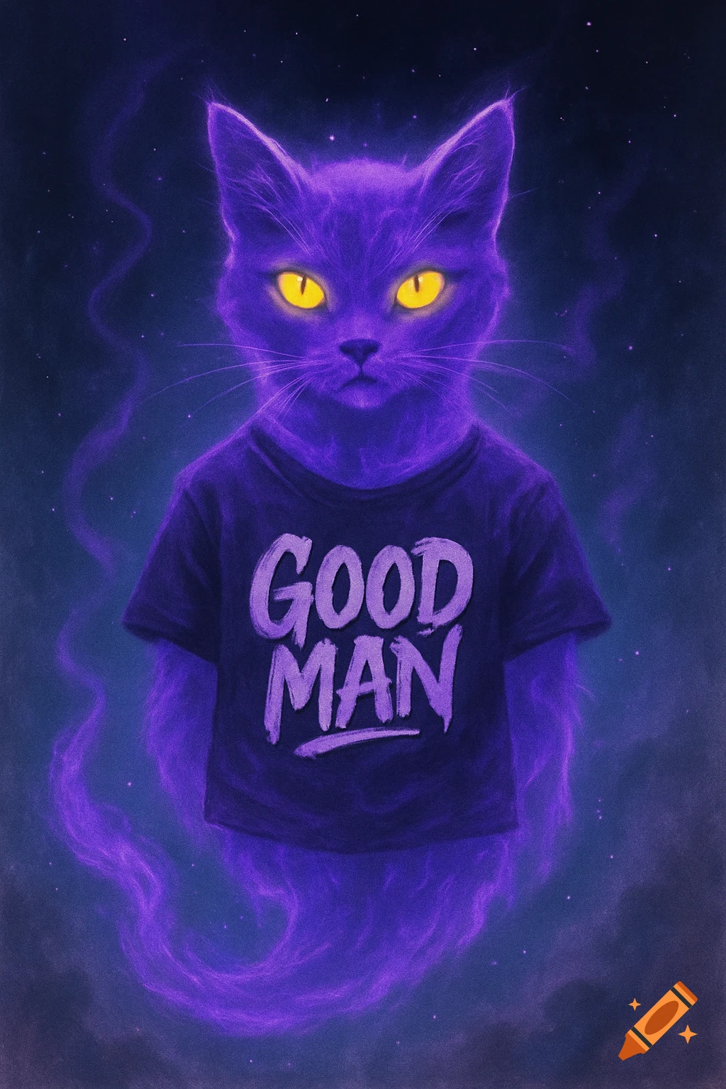 A glowing purple ghost cat with bright yellow eyes wears a black t-shirt that says 'GOOD MAN' against a dark, starry background with purple smoke.