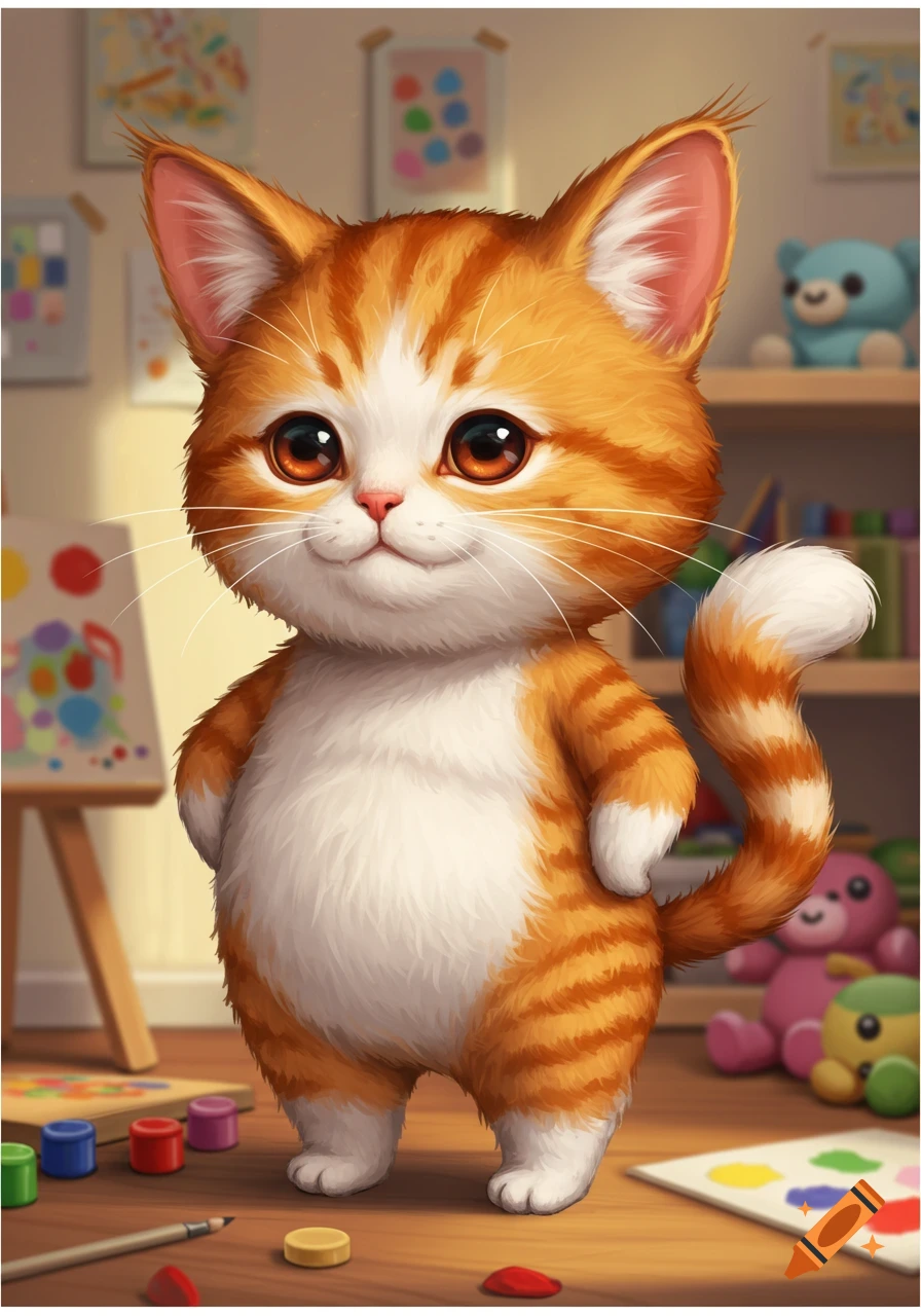 A cute, chubby, orange and white tabby cat stands in an art studio, smiling at the viewer. It has large, dark eyes and a fluffy tail.