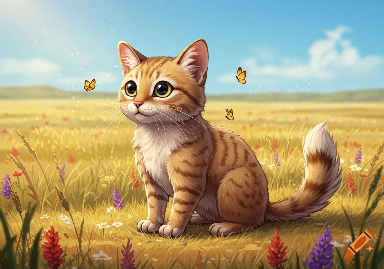 A cute, cartoonish tabby cat with large eyes sits in a sunny field among colorful wildflowers and butterflies.