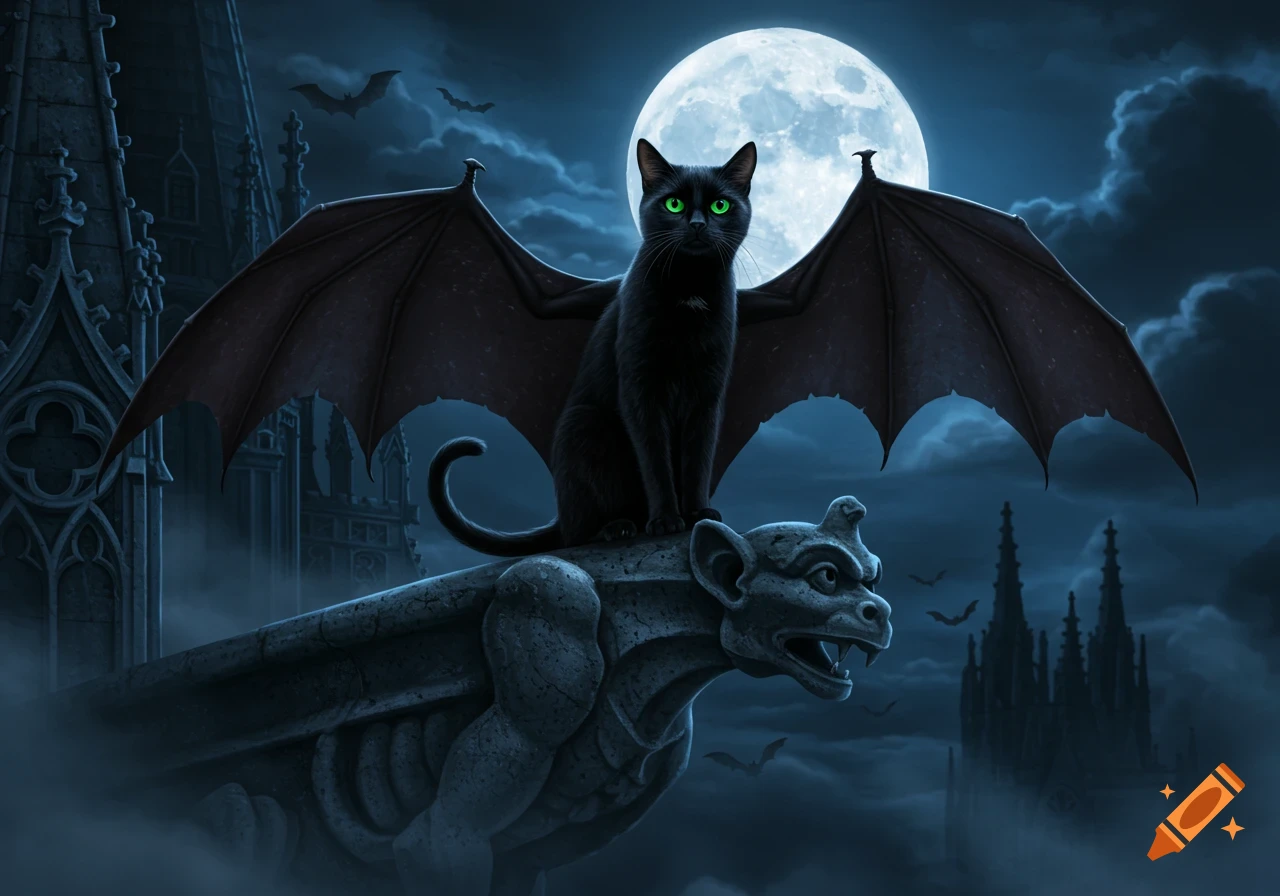 A black cat with bat wings sits on a gargoyle overlooking a gothic castle under a full moon at night.