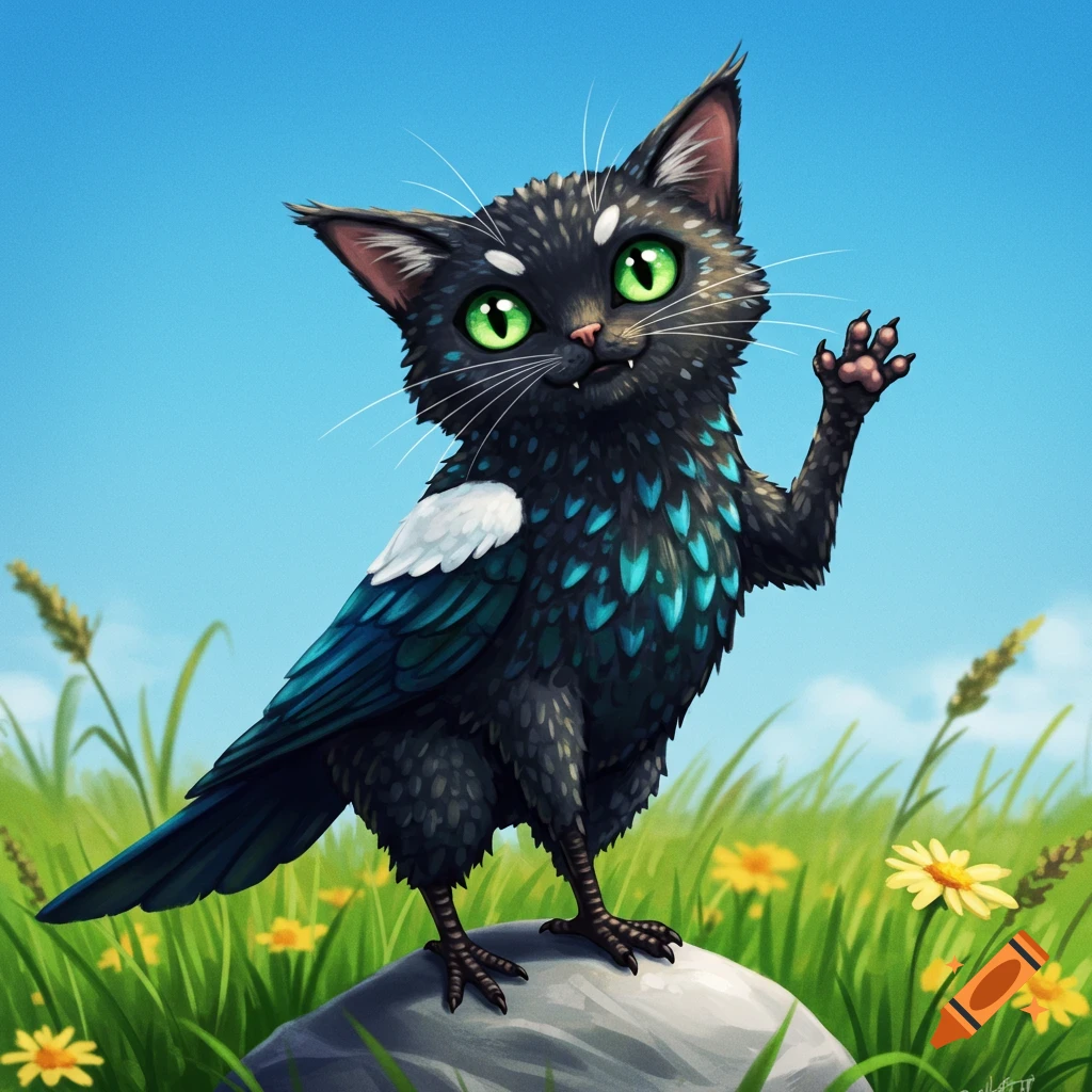 A cute, black cat-magpie hybrid with bright green eyes stands on a rock in a grassy field, waving its paw.