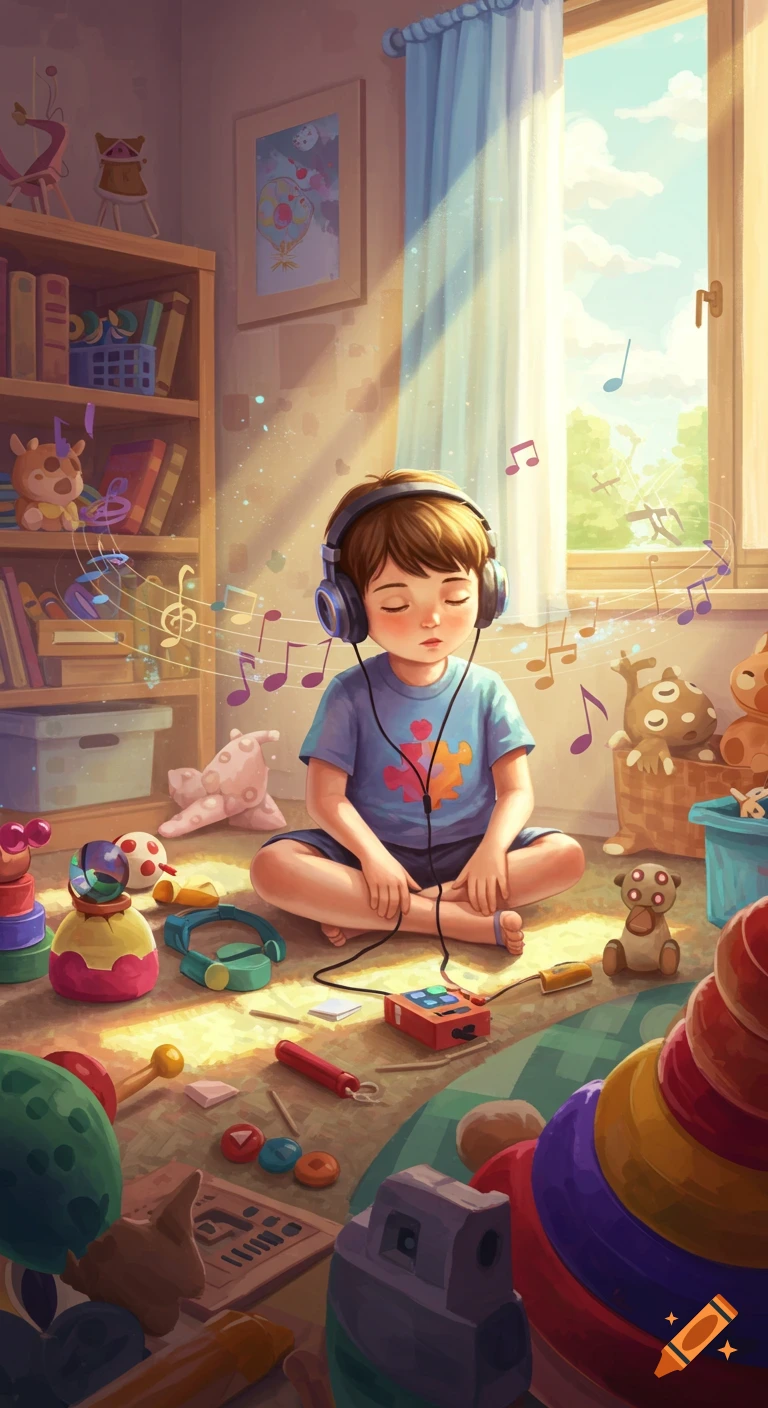 An illustration of a child with headphones sitting on a messy floor in a sunlit room, surrounded by toys and musical notes.