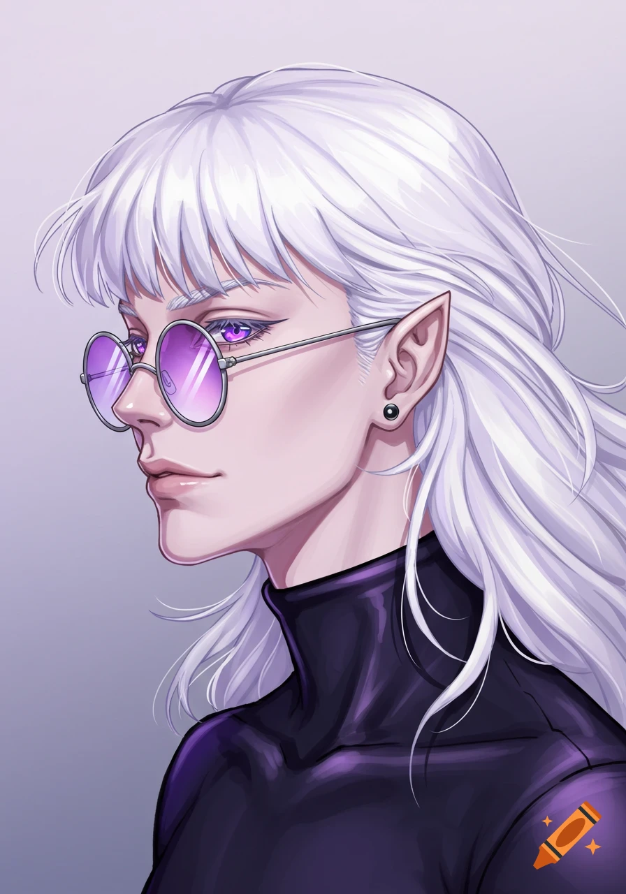 Anime portrait of a pale-skinned man with long white hair, purple eyes, and pointed ears, wearing purple-tinted round sunglasses.