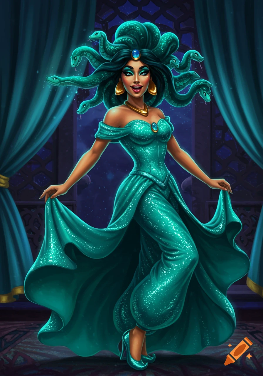 A smiling Princess Jasmine in a sparkling teal dress and snakes for hair, posing in a palace.