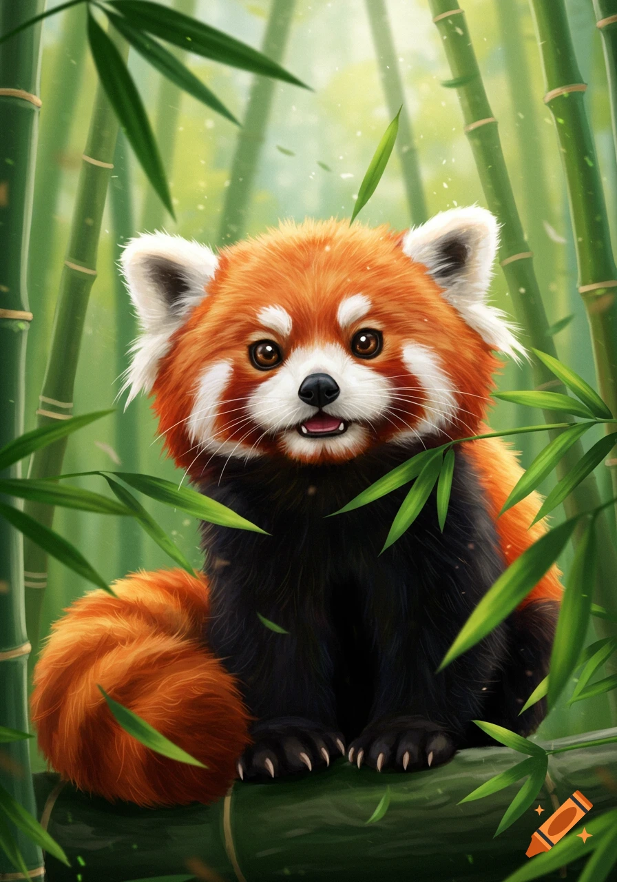 A cute red panda with big eyes sits in a bamboo forest, looking forward.