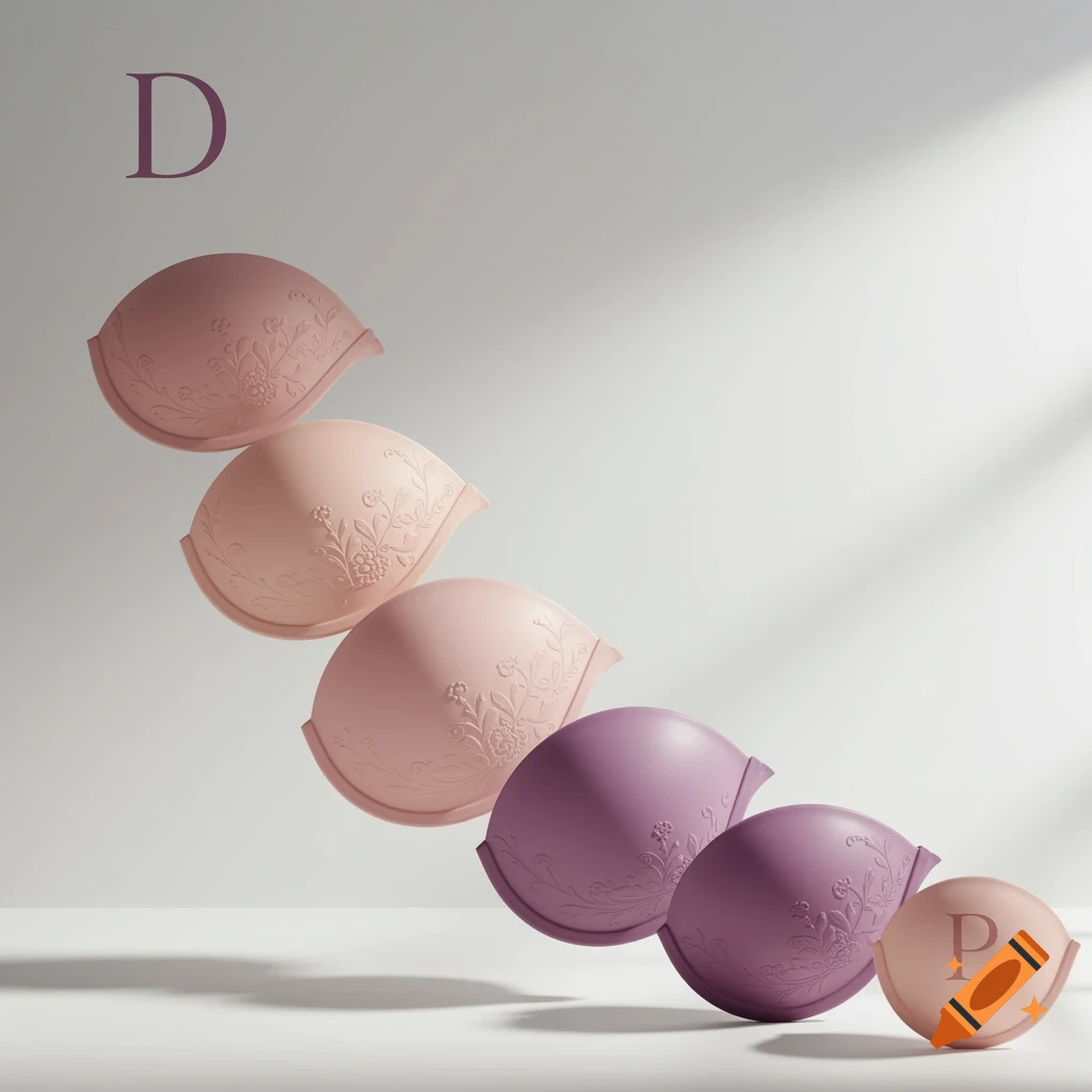 Abstract graphic of bra cups in shades of pink and purple, with floral patterns, showing a size progression from D to P.