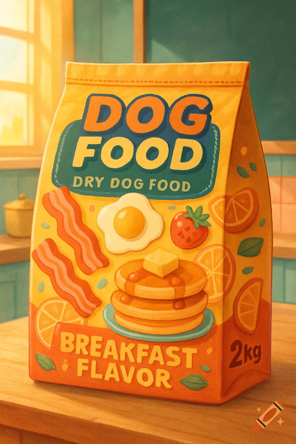 A cartoon-style bag of dog food labeled 'Breakfast Flavor' with illustrations of bacon, eggs, pancakes, and strawberries, sitting on a kitchen counter.