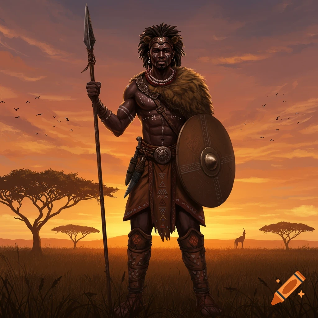 A detailed illustration of a black African warrior standing in a savanna at sunset, holding a spear and shield.