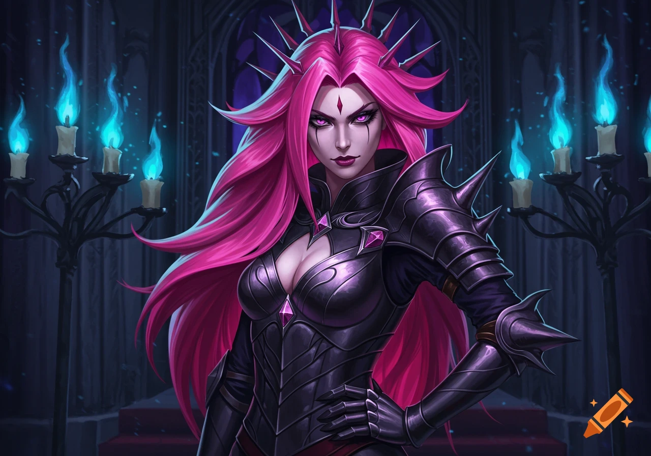 A vibrant fantasy illustration of a dark queen with bright pink hair and glowing purple eyes, wearing intricate black armor, in a gothic hall with blue glowing candles.