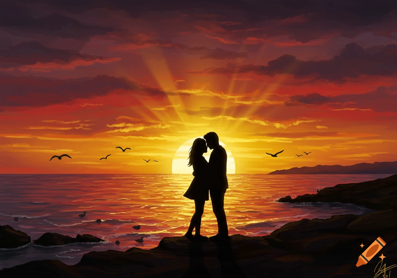 Silhouettes of a couple embracing on a rocky shore at sunset, with birds flying over the ocean.
