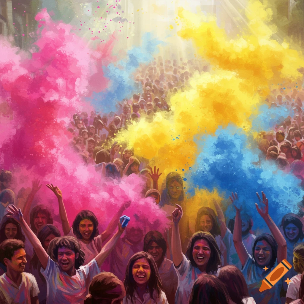 A vibrant painting of a large crowd celebrating Holi, throwing pink, yellow, and blue powder into the air, with smiling faces in the foreground.