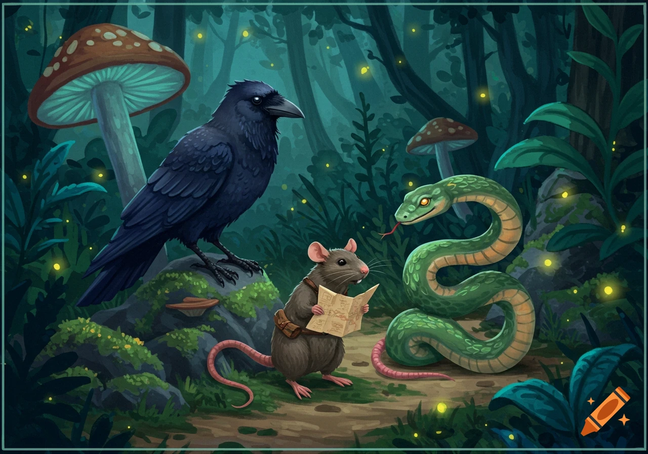 An illustrated scene of a black crow, a rat reading a map, and a green snake in an enchanted forest with glowing fireflies and large mushrooms.