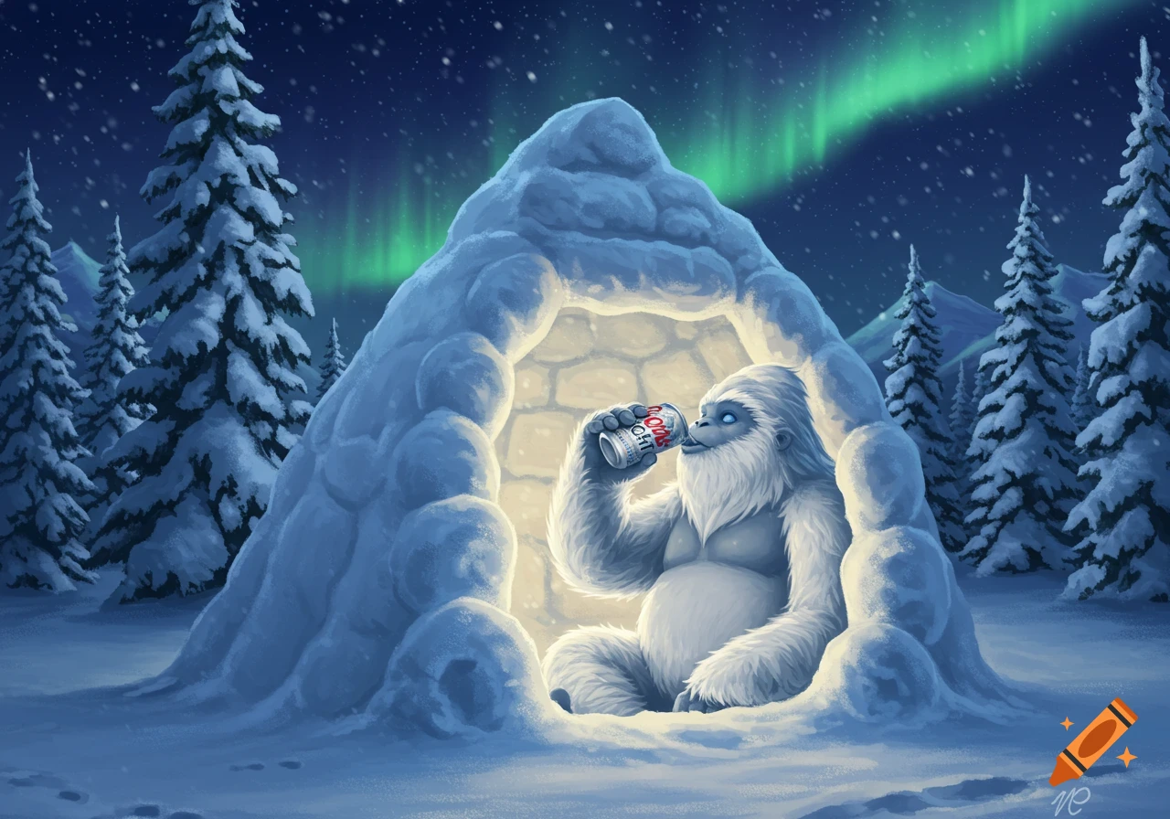 A yeti sits inside an illuminated snow igloo, drinking from a beer can, under a snowy night sky with the northern lights.