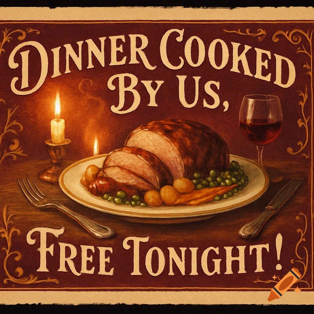 Vintage poster advertising free dinner tonight, showing a sliced roast, vegetables, and wine by candlelight.