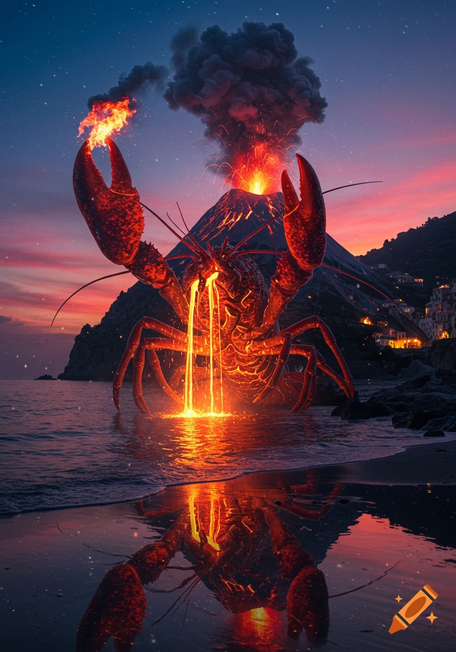 A giant, glowing red lobster creature stands in the ocean at sunset, holding fire and spewing lava, with an erupting volcano and a coastal village behind it.