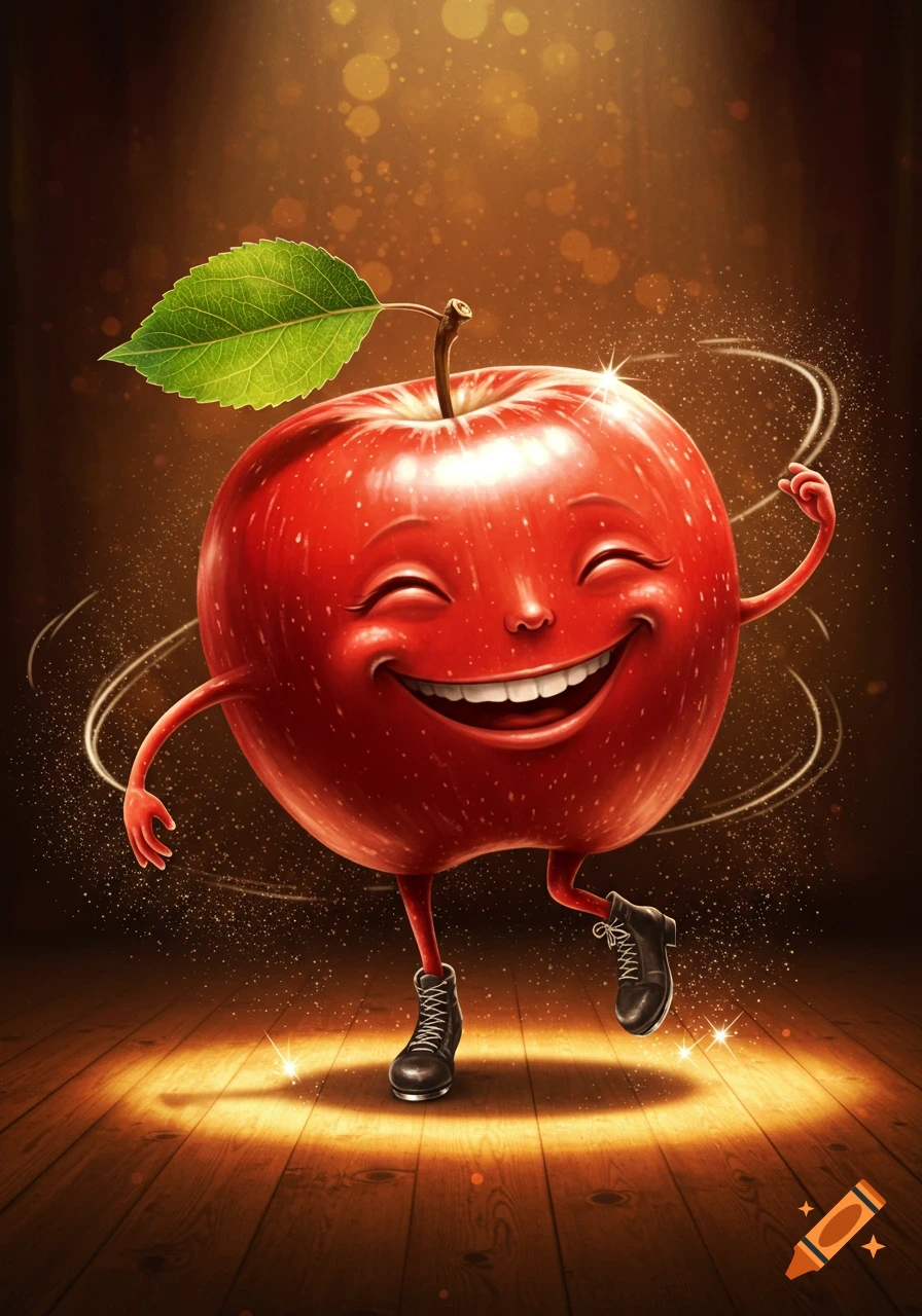 A happy, anthropomorphic red apple with a face, arms, and legs, wearing black shoes, tap dancing on a spotlighted wooden stage with sparkling effects.