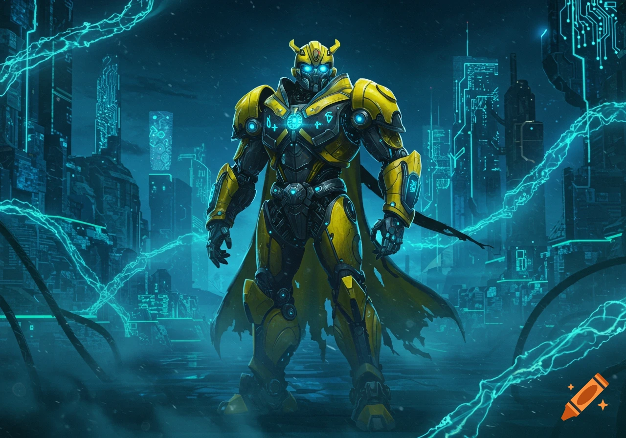 A yellow and black armored robot or mech with glowing blue lights and horns stands in a dark, futuristic cityscape with neon circuit lines.