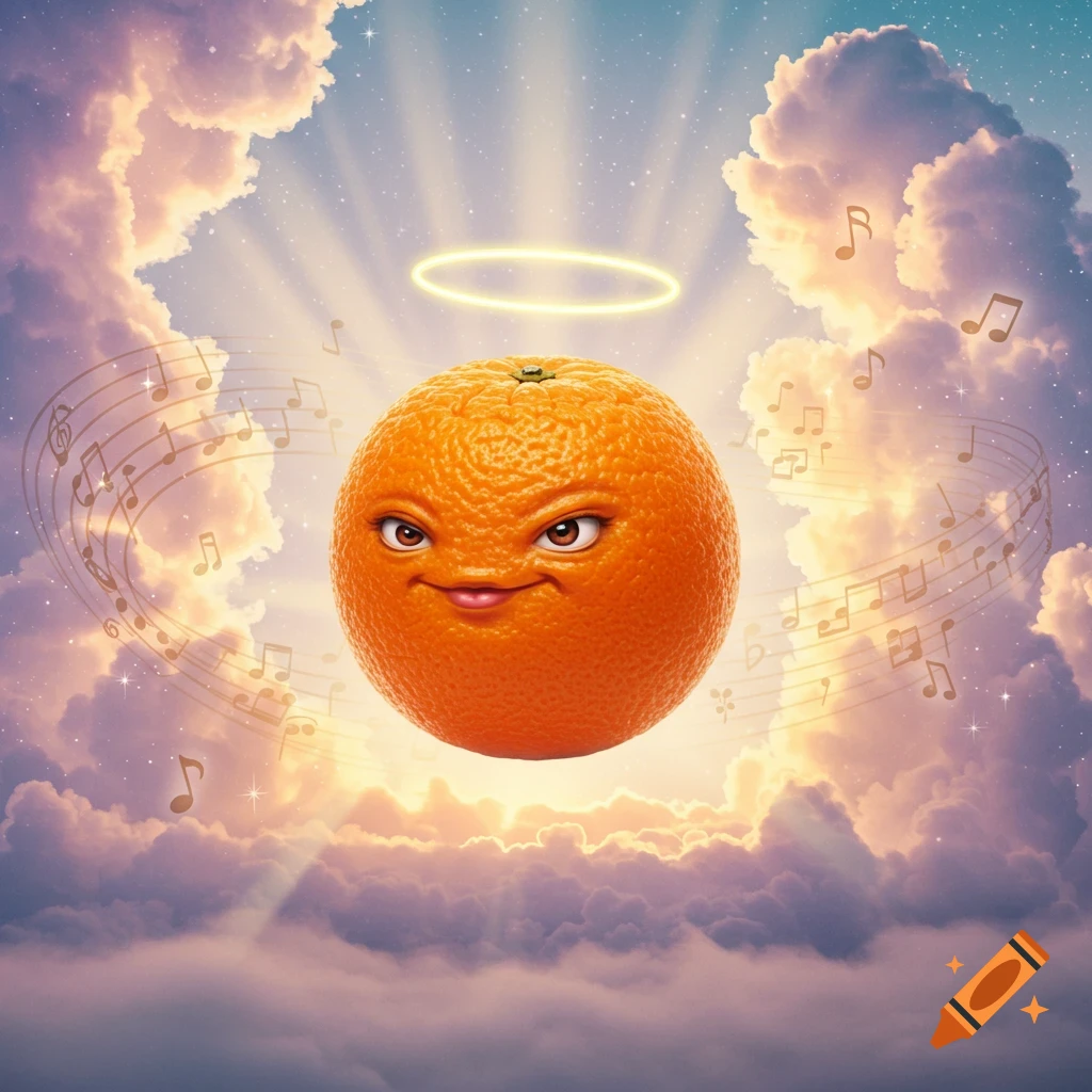 A grinning anthropomorphic orange with a halo floats in a heavenly sky among clouds and light rays, surrounded by musical notes.