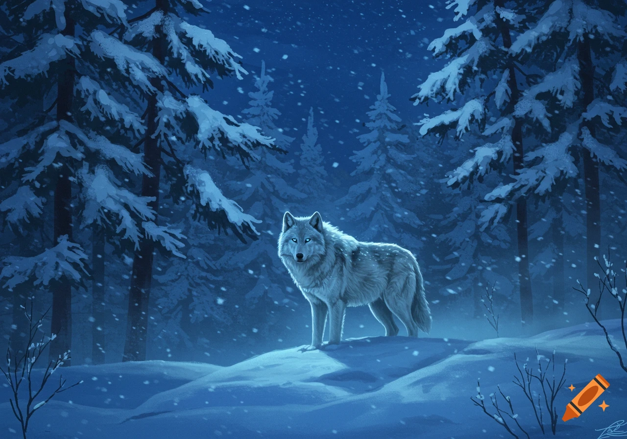 A white wolf with glowing blue eyes stands in a snowy winter forest at night as snow falls, rendered in a digital art style.