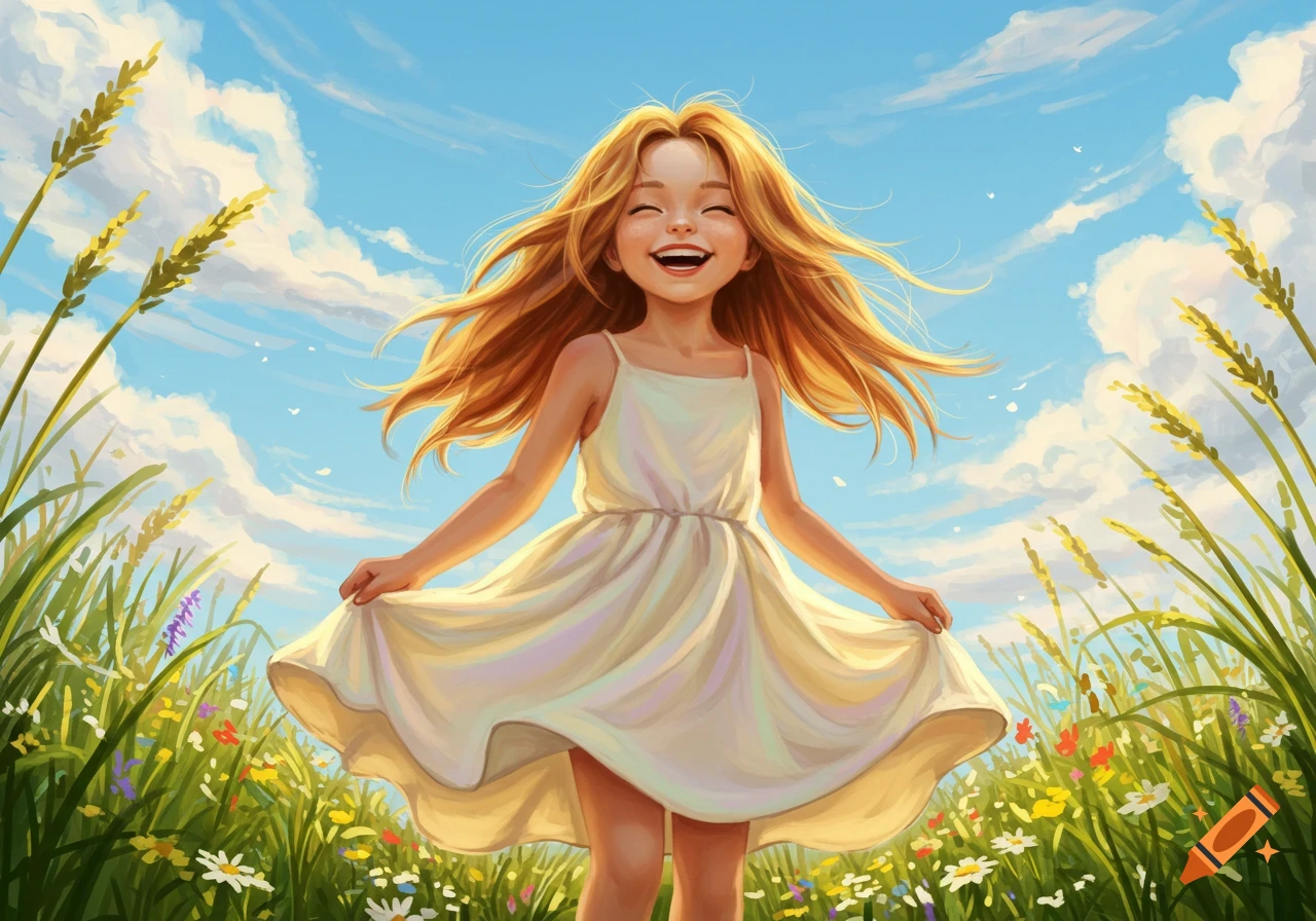 A happy girl with long blonde hair in a white dress stands in a sunny field of wildflowers under a blue sky, digital illustration.