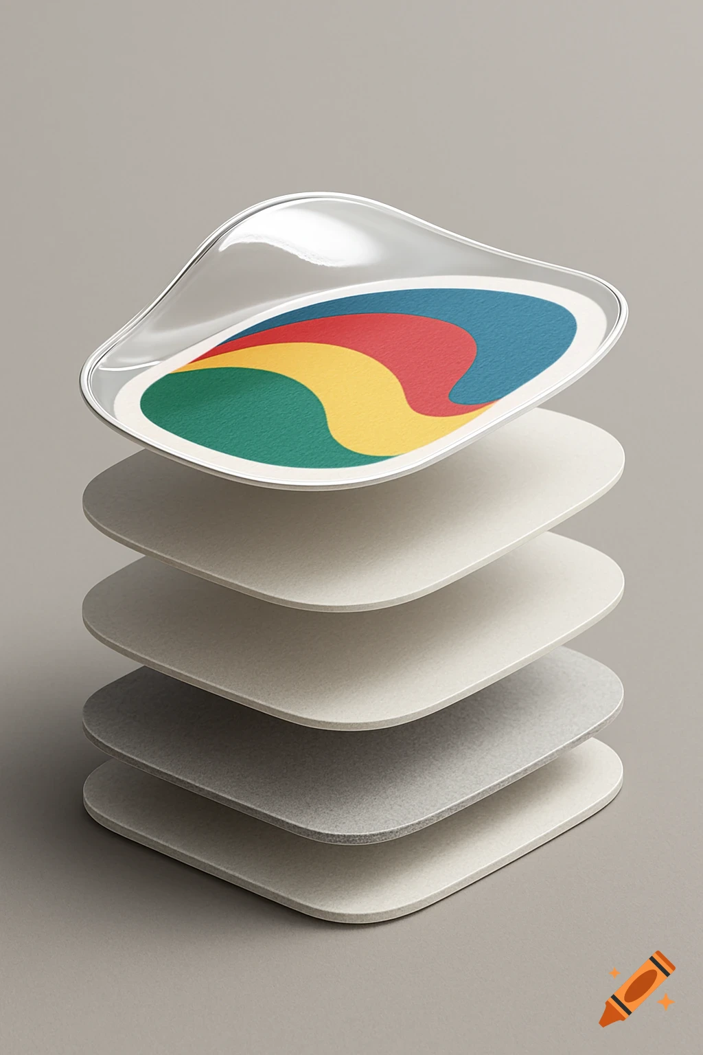 An exploded view of five stacked, rounded-square layers. The top clear layer features an abstract colorful design; the lower layers are muted tones.