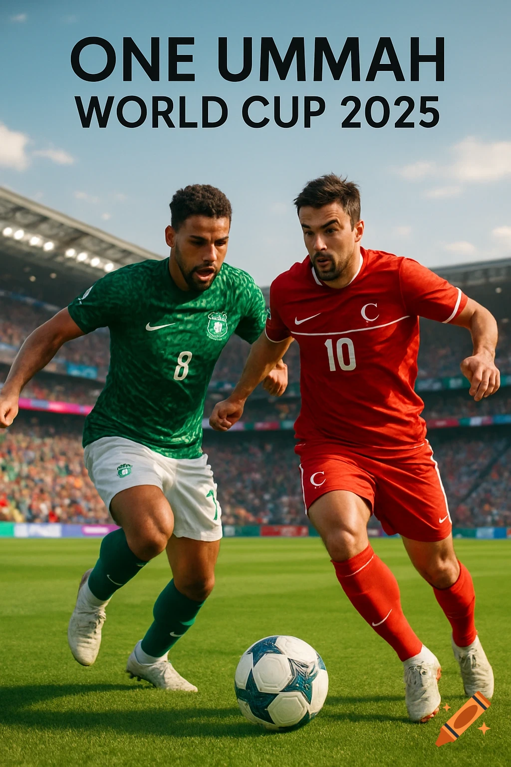 Two male soccer players, one in a green jersey and one in red, run on a green field in a stadium under text "ONE UMMAH WORLD CUP 2025" at the top.