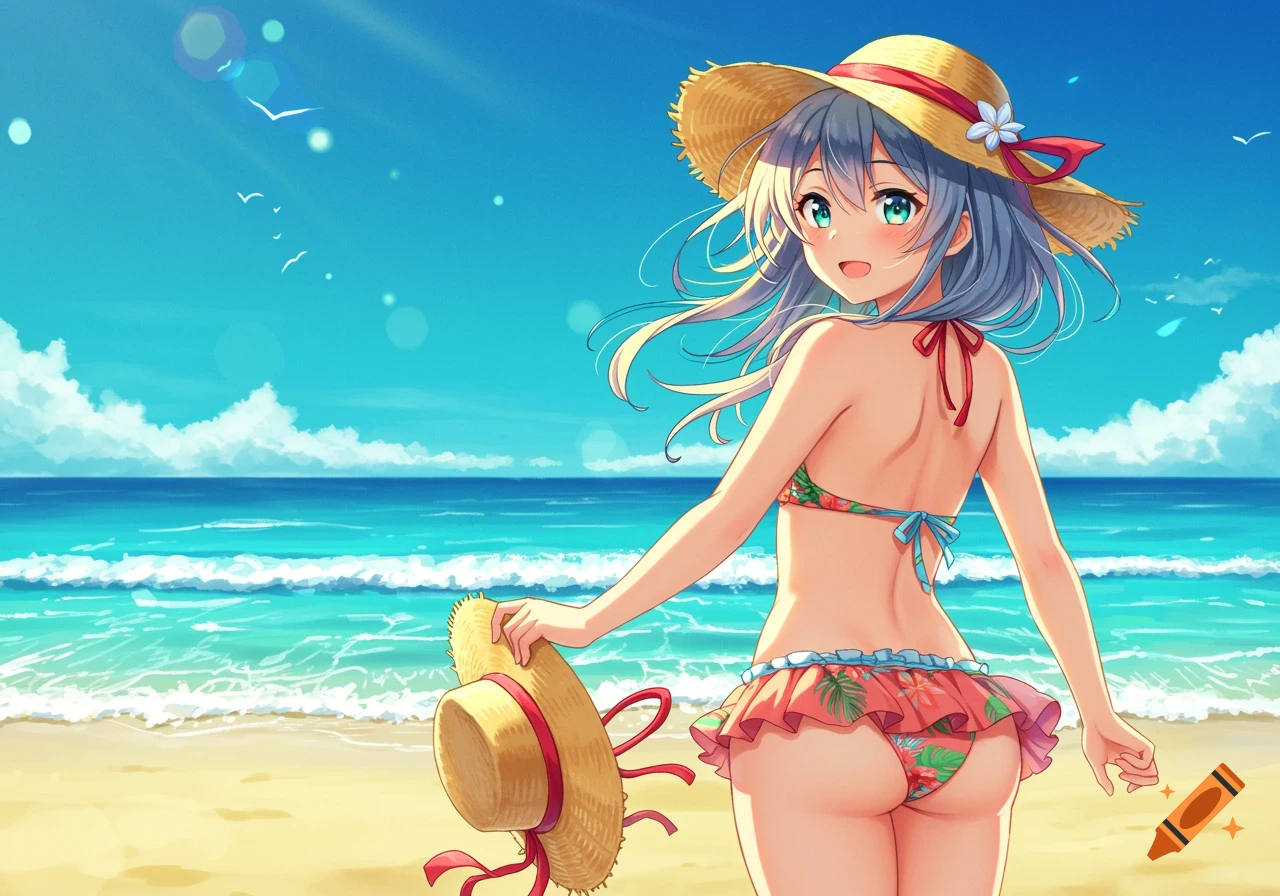 An anime girl in a straw hat and colorful bikini swimsuit stands on a sunny beach, looking back over her shoulder.