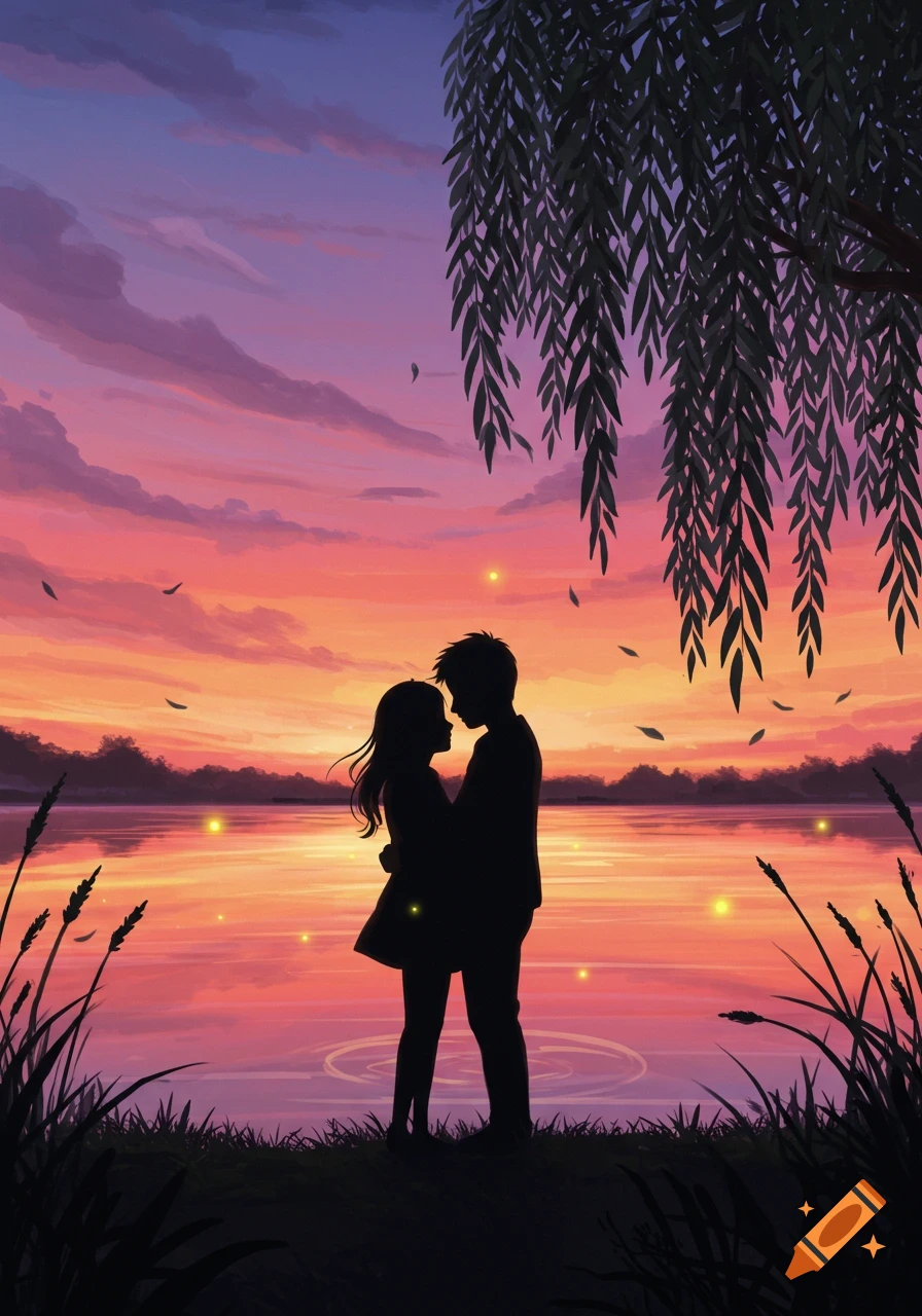 A silhouetted couple embraces by a lake at sunset, under a weeping willow tree, with fireflies glowing.
