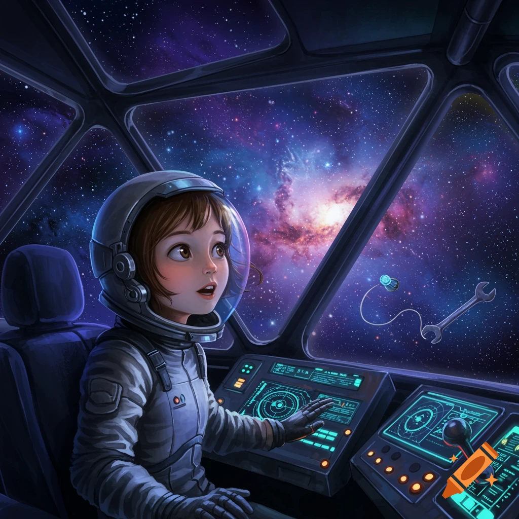 An illustrated young girl in a spacesuit sits in a spaceship cockpit, looking out at a colorful galaxy through the window.