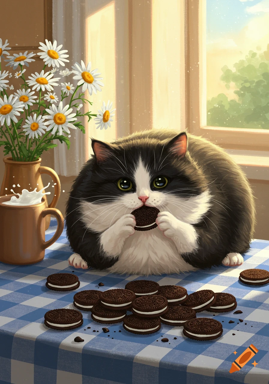 A fluffy black and white cat sits at a checkered table, eating an Oreo cookie, with more cookies and a mug of milk nearby. The scene is brightly lit by a window.