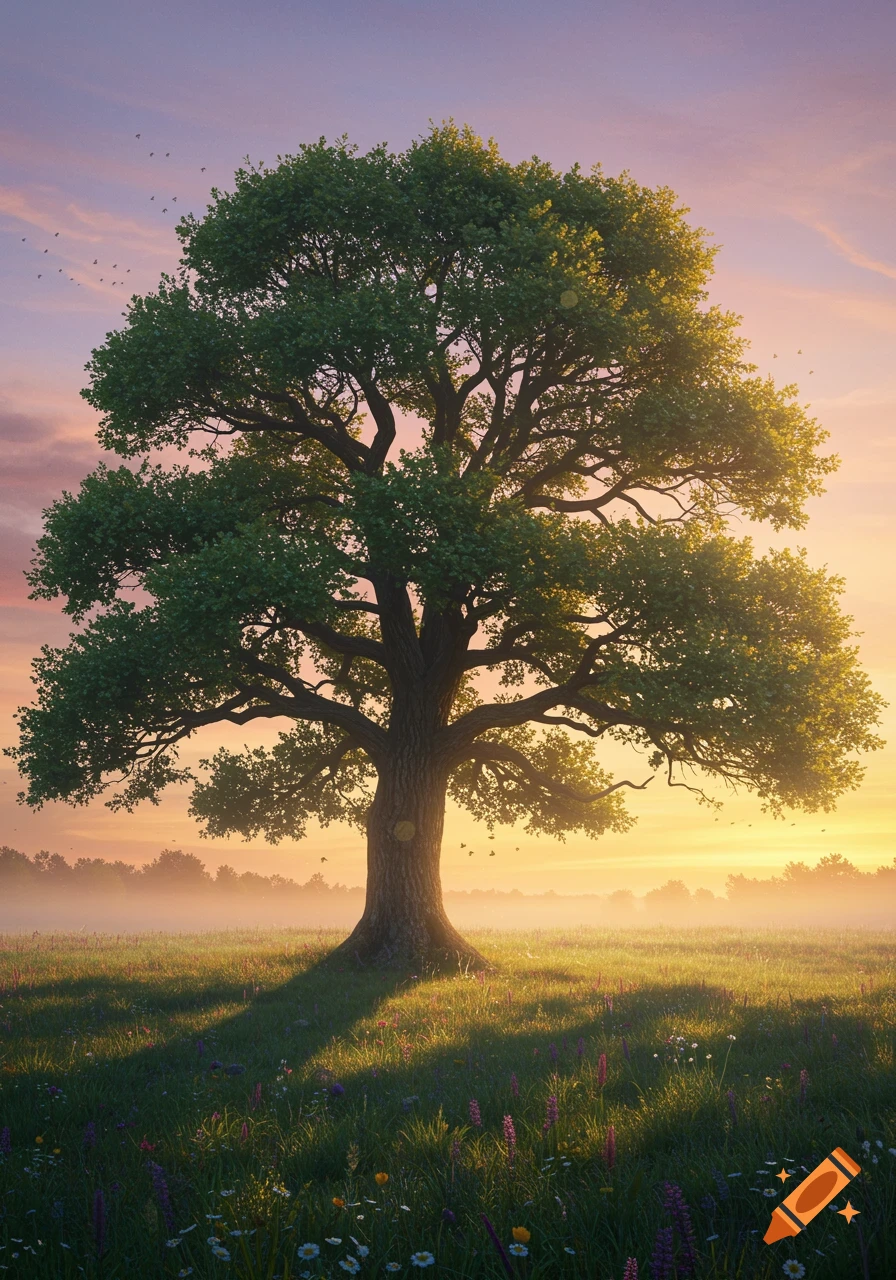 A large, leafy tree stands in a misty, grassy field with wildflowers during a colorful sunrise or sunset.