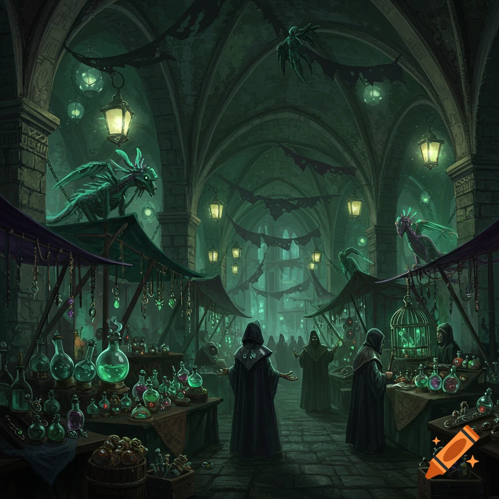 A dark fantasy black market scene with hooded figures, glowing potions, trinkets, and small dragons under arching stone ceilings illuminated by lanterns.