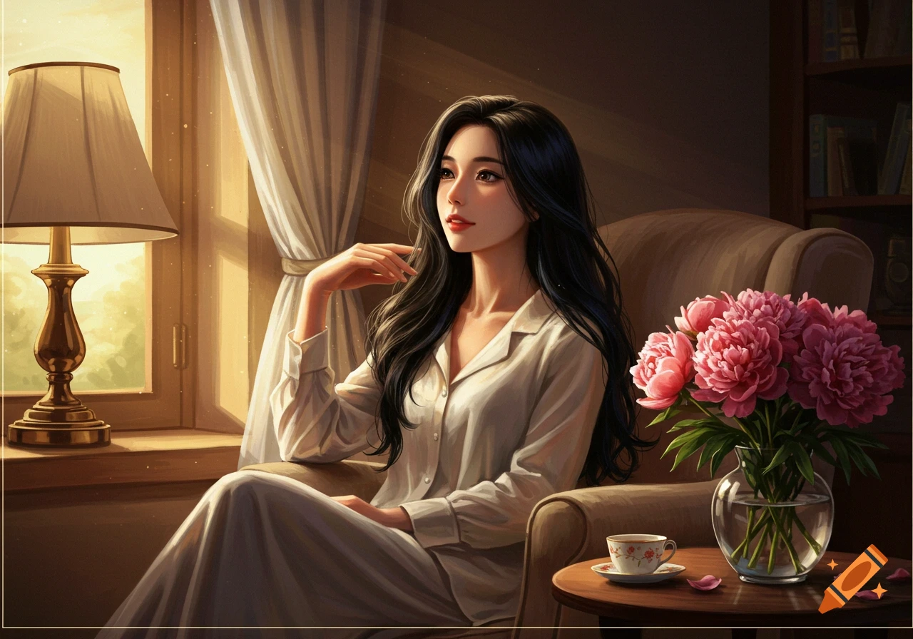 Digital painting of a woman with long black hair sitting by a window in pajamas, with a lamp, pink flowers, and a teacup.
