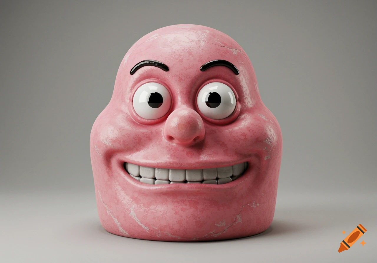 A close-up 3D render of Mr. Blobby's pink, textured plaster head with a wide grin and bulging eyes.