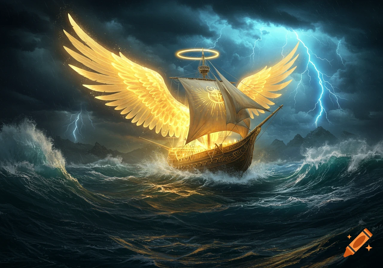 A divine ship with glowing golden wings and a halo sails through dark, stormy waters with bright lightning strikes.
