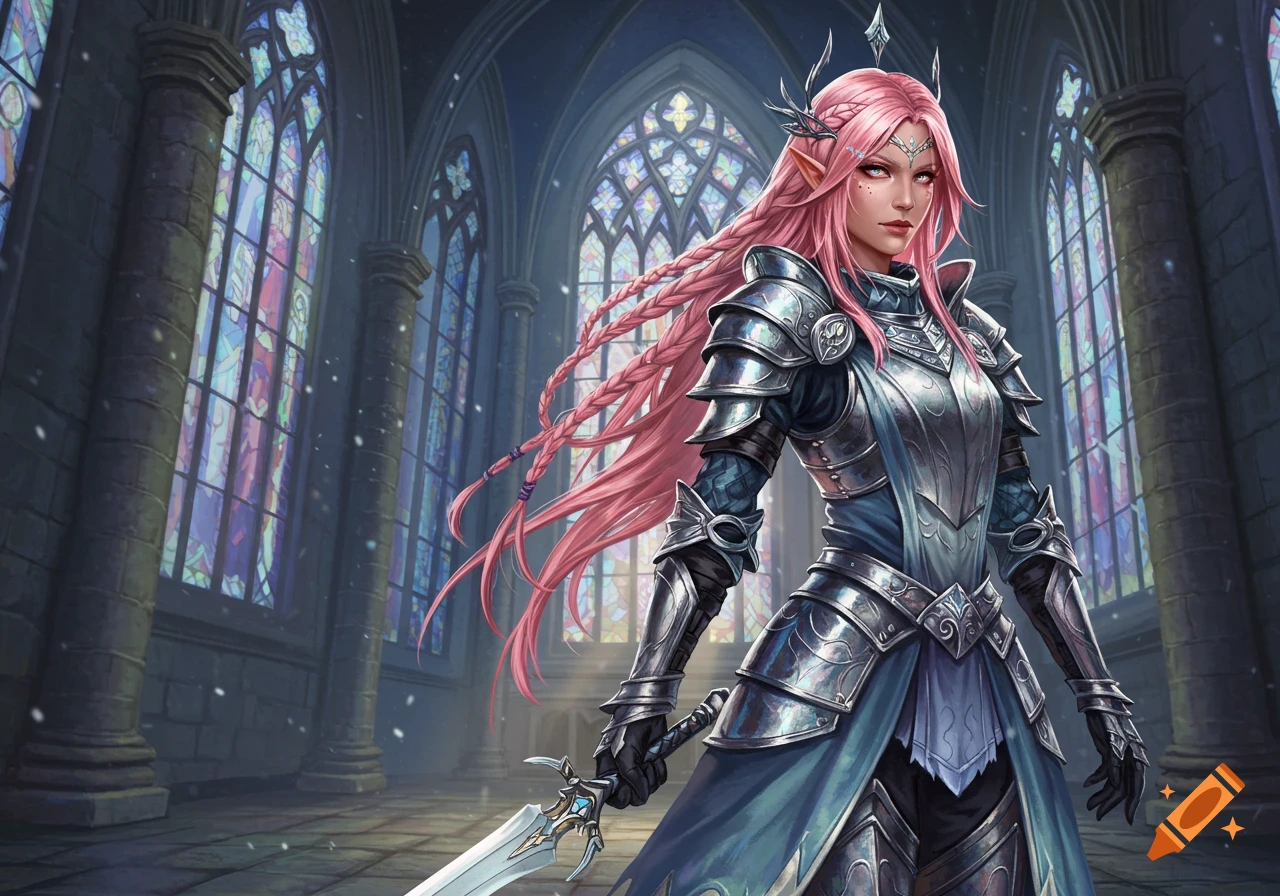 A fantasy elf warrior with long pink hair and shining silver armor stands in a gothic cathedral with stained glass windows, holding a sword.
